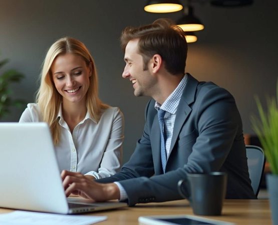 Two Busy Happy Professional Businessman and Businesswoman Collaborating on Financial Project Using Laptop at Office Desk - Teamwork and Leadership Concept with Empty Space